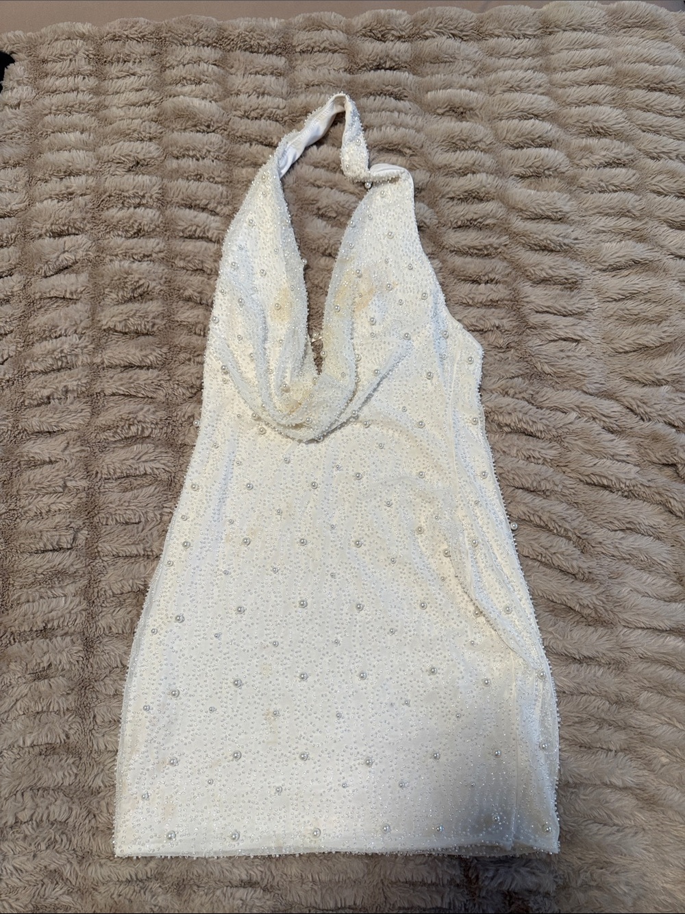 Oh Polly *stains can come out* White Beaded Halter Mini Dress